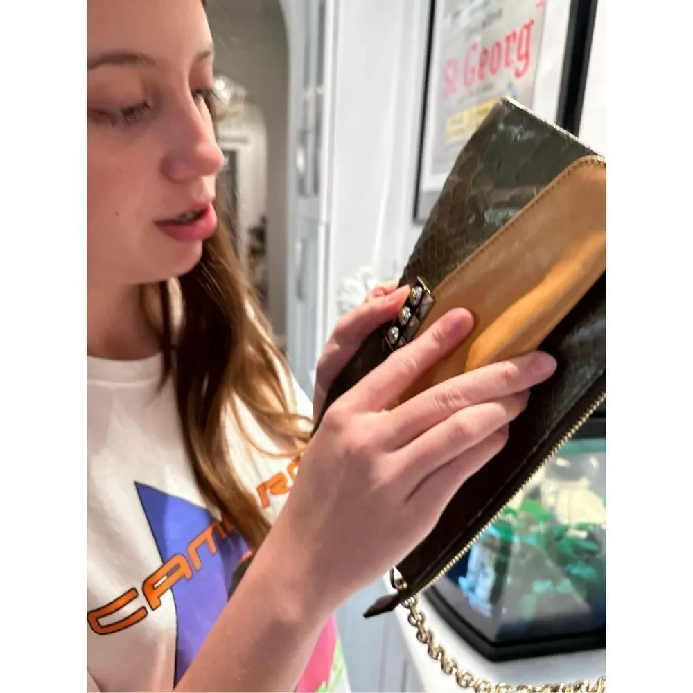 Vintage Henri Bendel Green Crocodile and Camel Leather Clutch with Gold Chain
